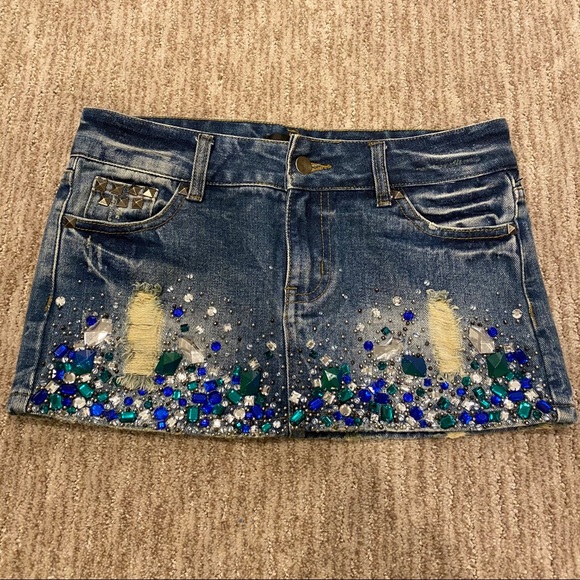 Huang Shu Chi Sz Small Bejeweled Denim Mini Skirt - Picture 1 of 4